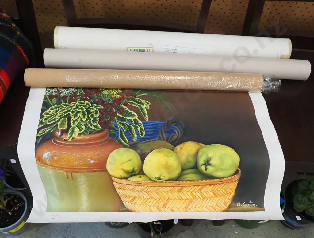 2x rolled paintings on canvas - still life and boat scene Image 1++