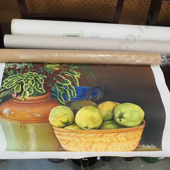 2x rolled paintings on canvas - still life and boat scene