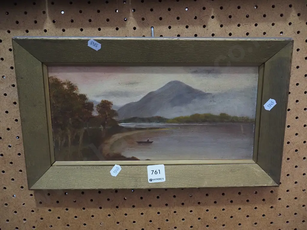 small colonial oil on board - lake and mountain scene H-130 W-290 Image 1++