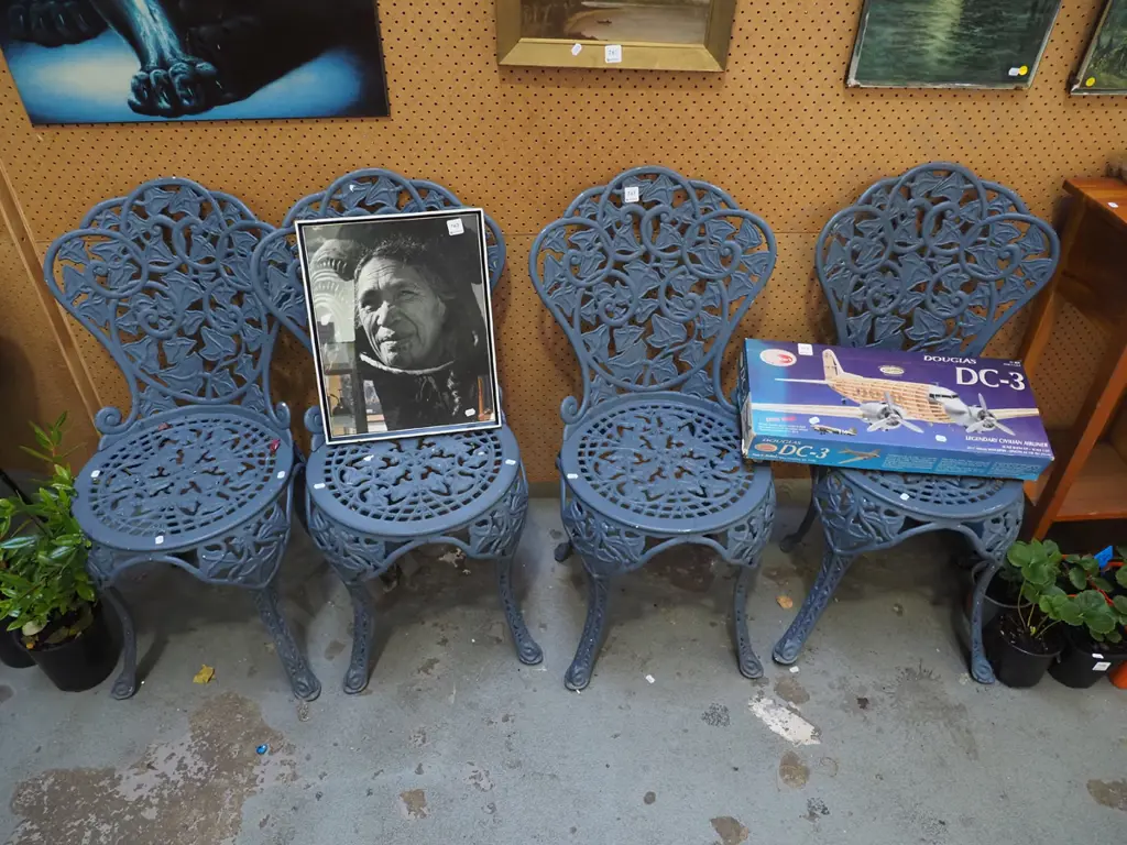 4x grey painted pressed alloy outdoor chairs Image 1++