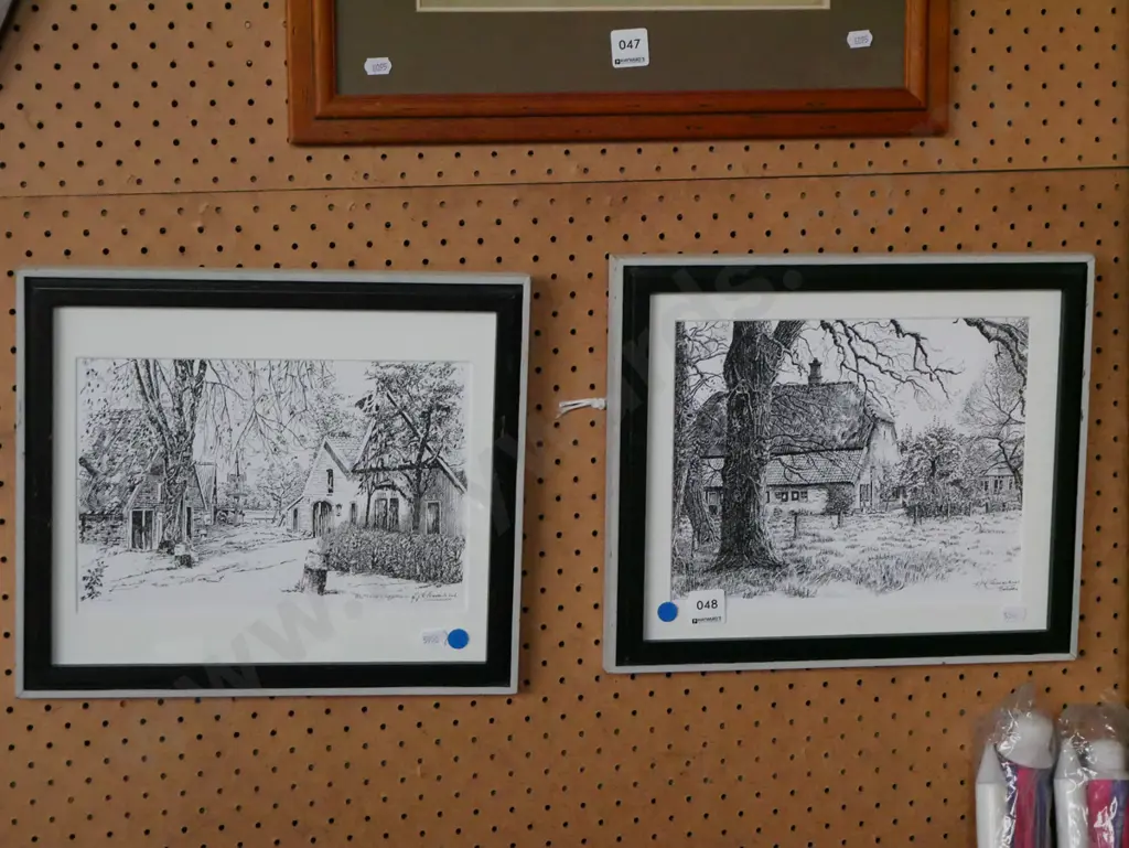 2x framed prints - farm buildings - blue dots Image 1++