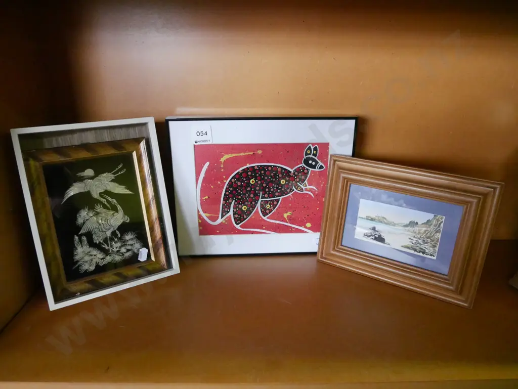 Australian aboriginal artwork, mother-of-pearl heron picture and a small framed watercolour Image 1++