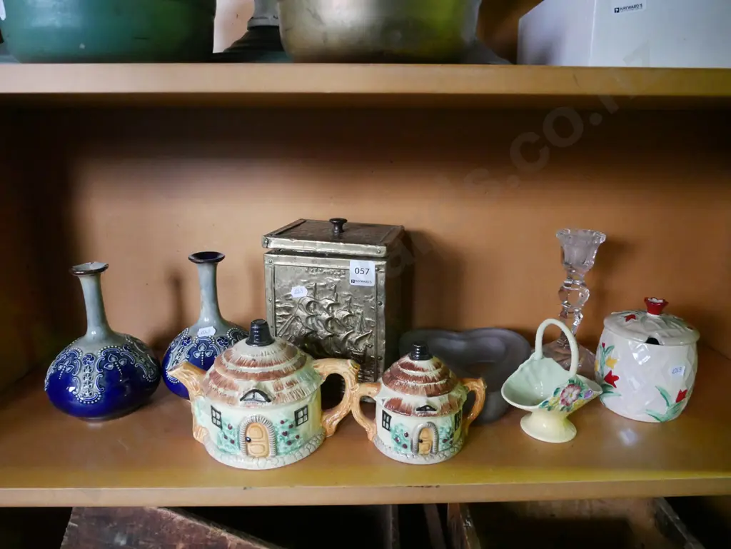 shelf; cottage tea pot, vases, embossed brass tea caddy, candlestick etc Image 1++