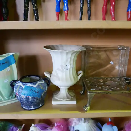 brass pot stand, glass vase, 3x other vases - 2 have cracks