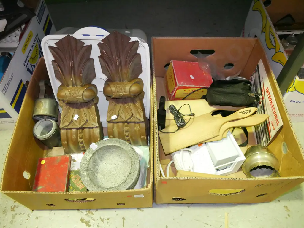 2 x boxes; storage canister, wooden architectural features, butter pats, camera etc - red dots Image 1++