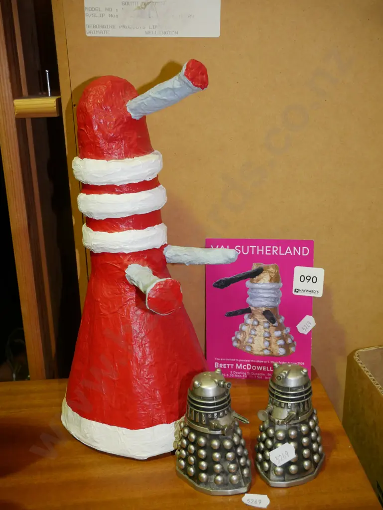 Val Sutherland paper mache dalek - has repair, dalek salt and pepper shakers Image 1++