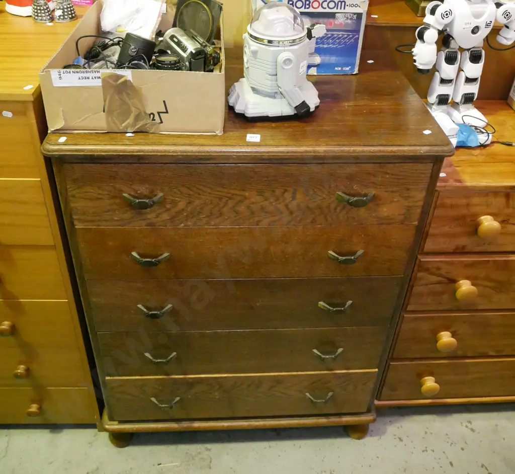oak deco 5 drawer tall boy - slight damage to varnish H-1060 W-800 D-490 Image 1++