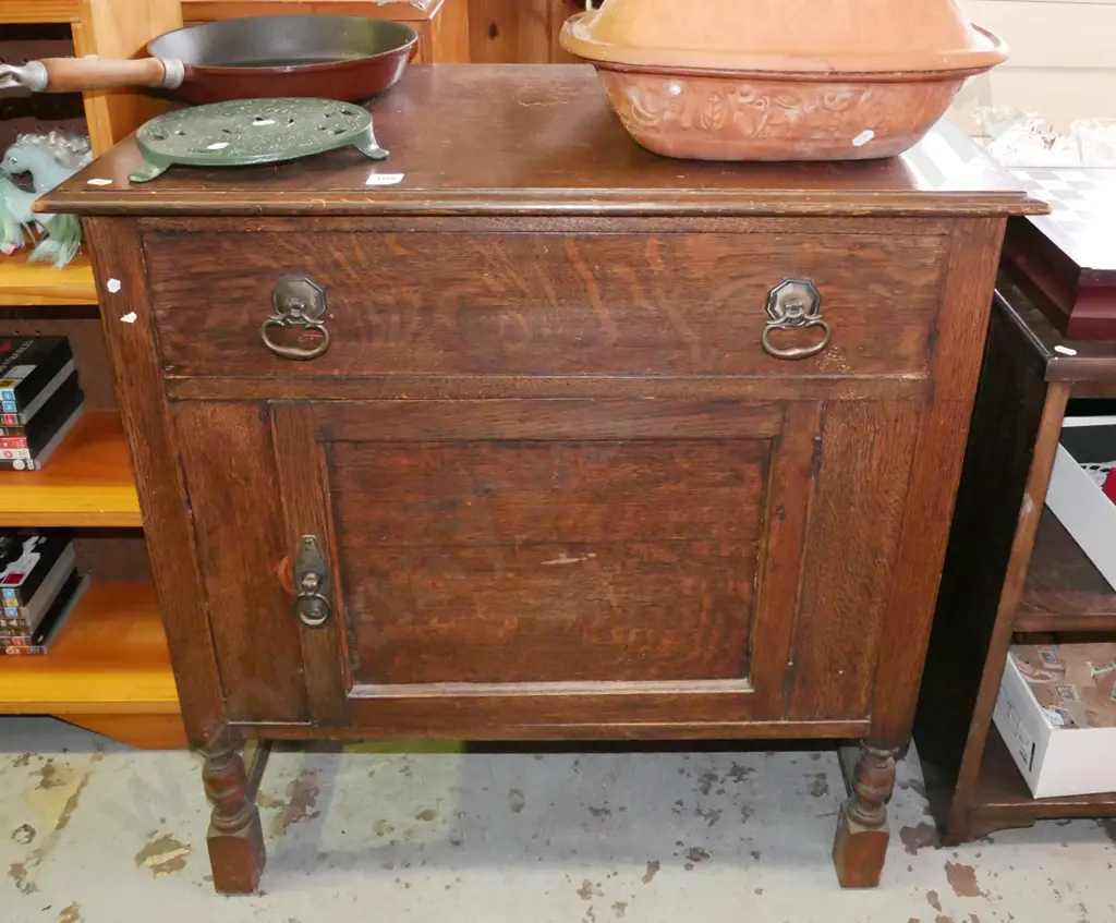 Edwardian oak 1 door 1 drawer cupboard - significant borer in back H-790 W-745 D-440 Image 1++