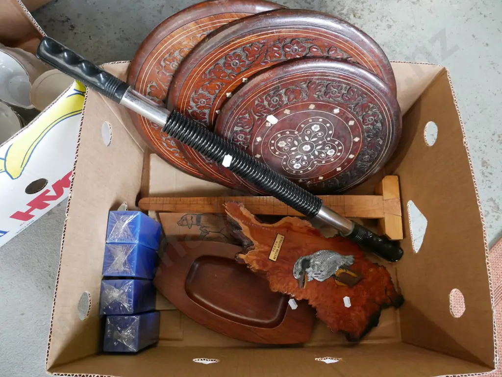 box; carved Middle Eastern circular table tops, exercise bar, candles etc Image 1++