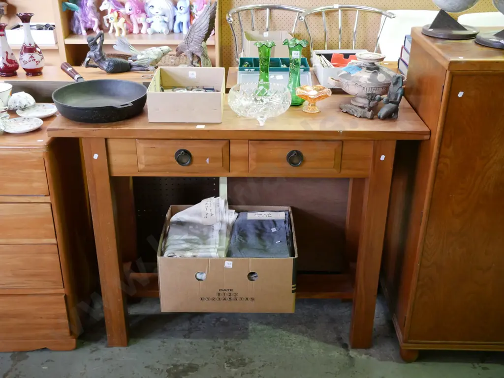 solid rimu 2 drawer hall table with cast drop handles - has some paint markings H-900 W-1200 D-380 Image 1++