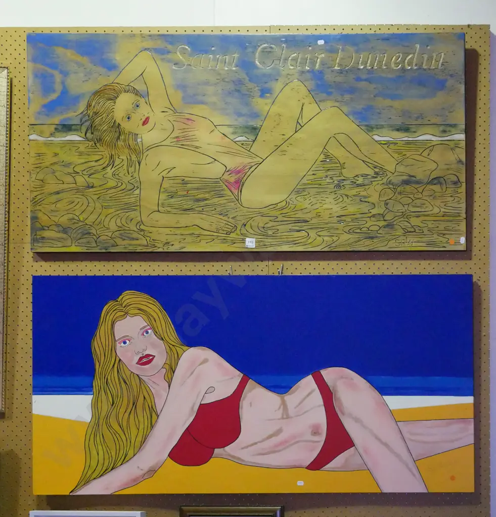 2x large acrylics on board - woman laying on beach - orange dots Image 1++