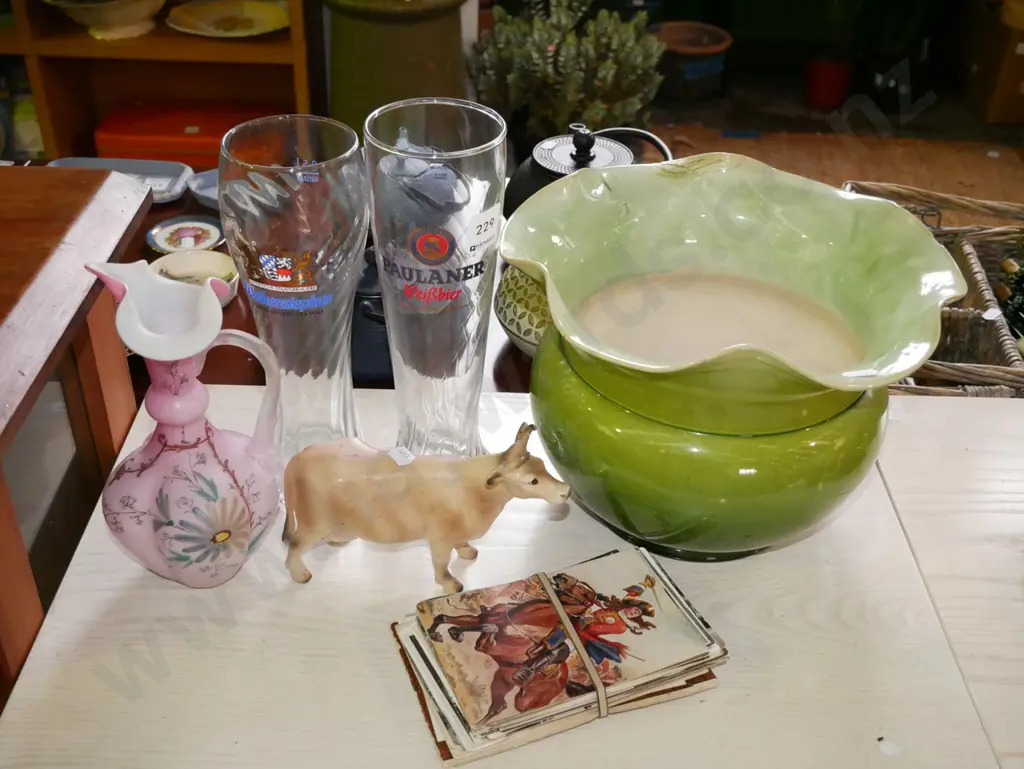 2x large beer glasses, green glazed jardiniere - repair, cow figurine etc Image 1++