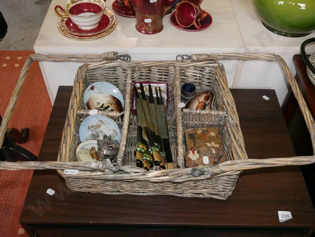segmented cane basket; chopsticks, pin dishes etc Image 1++