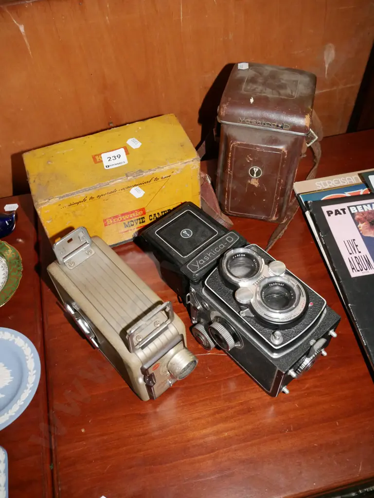 Kodak 8mm cine camera with box and Yashica-D twin lens reflex camera with case Image 1++