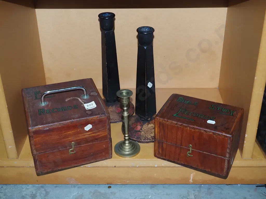 2x wooden boxes, 3x candlesticks Image 1++