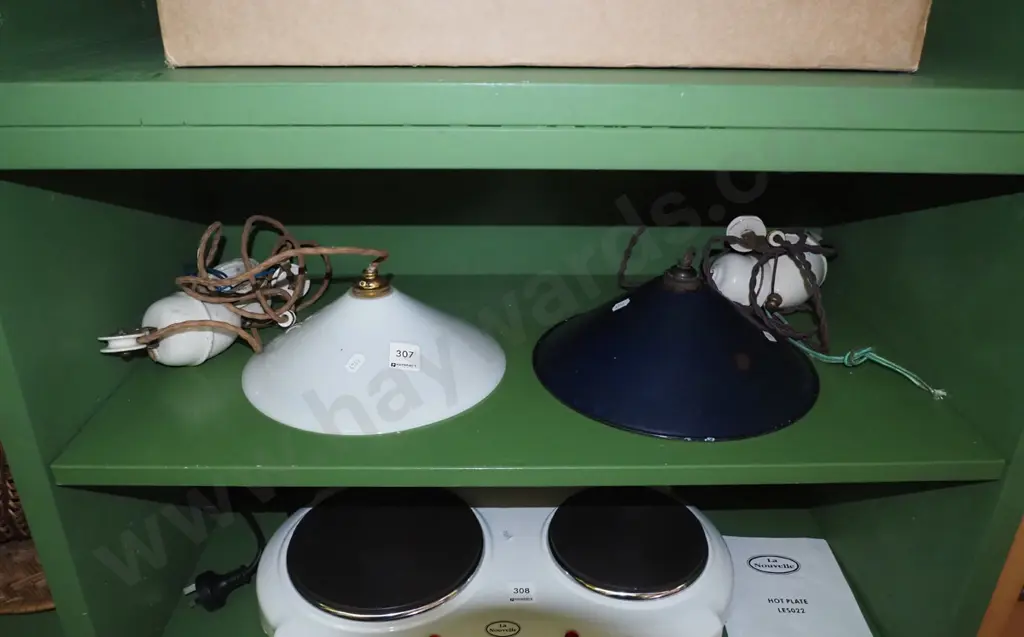 1x blue metal, 1x white glass rise and fall light fittings Image 1++