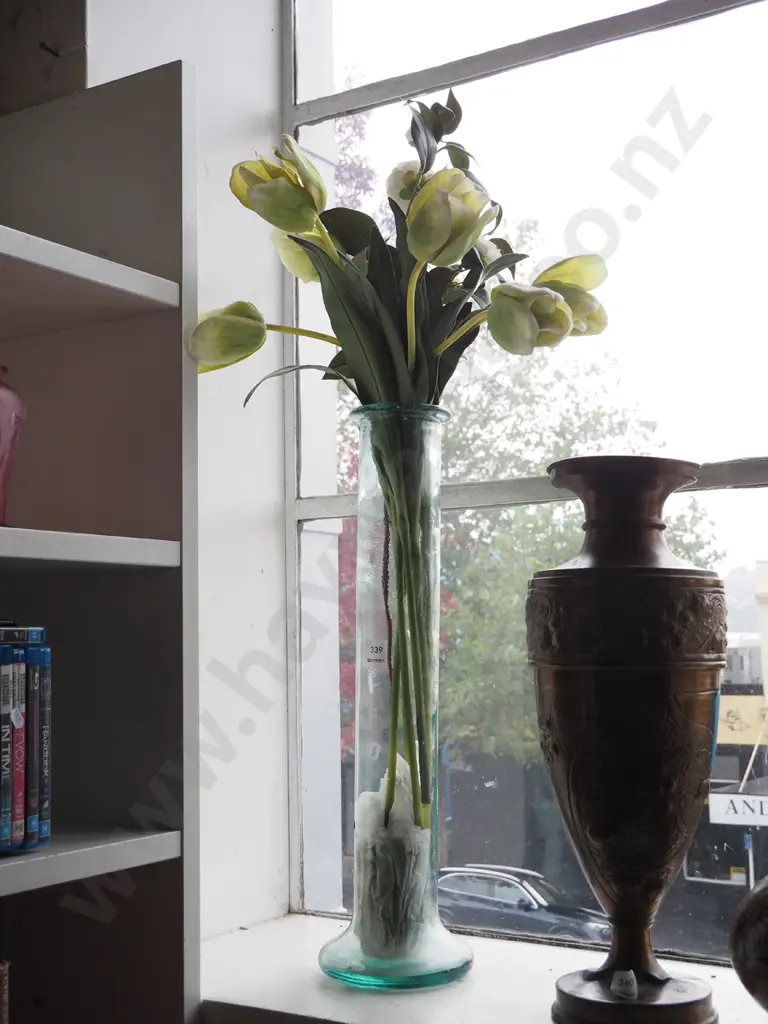 tall glass vase H-570, faux plastic flowers Image 1++