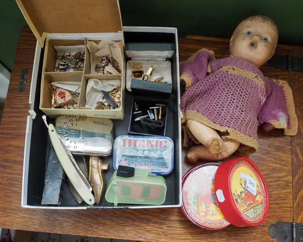 vintage doll, box; coasters, cuff links etc Image 1++