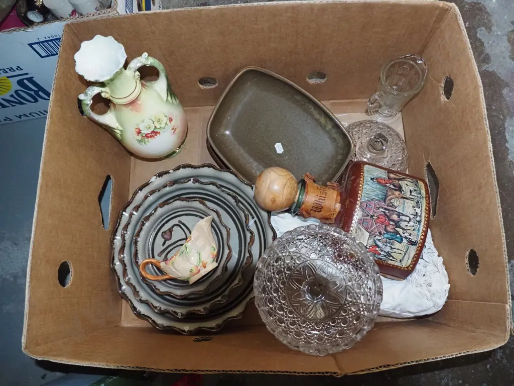 box; studio pottery baking dishes, whisky decanter etc Image 1++