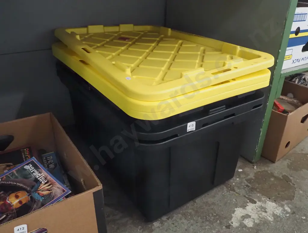 3x black storage bins with yellow plastic  lids Image 1++