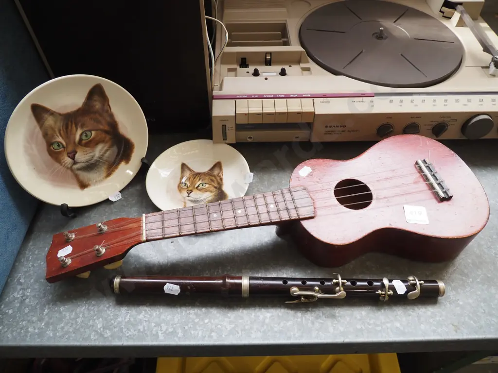 ukelele, part wooden flute, cat saucer and plate Image 1++