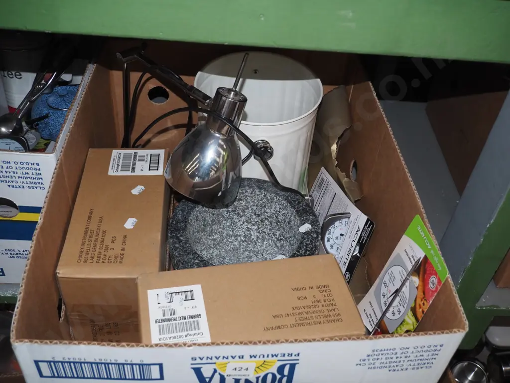 box; meat thermometers, stoneware mortar, small compost bin Image 1++