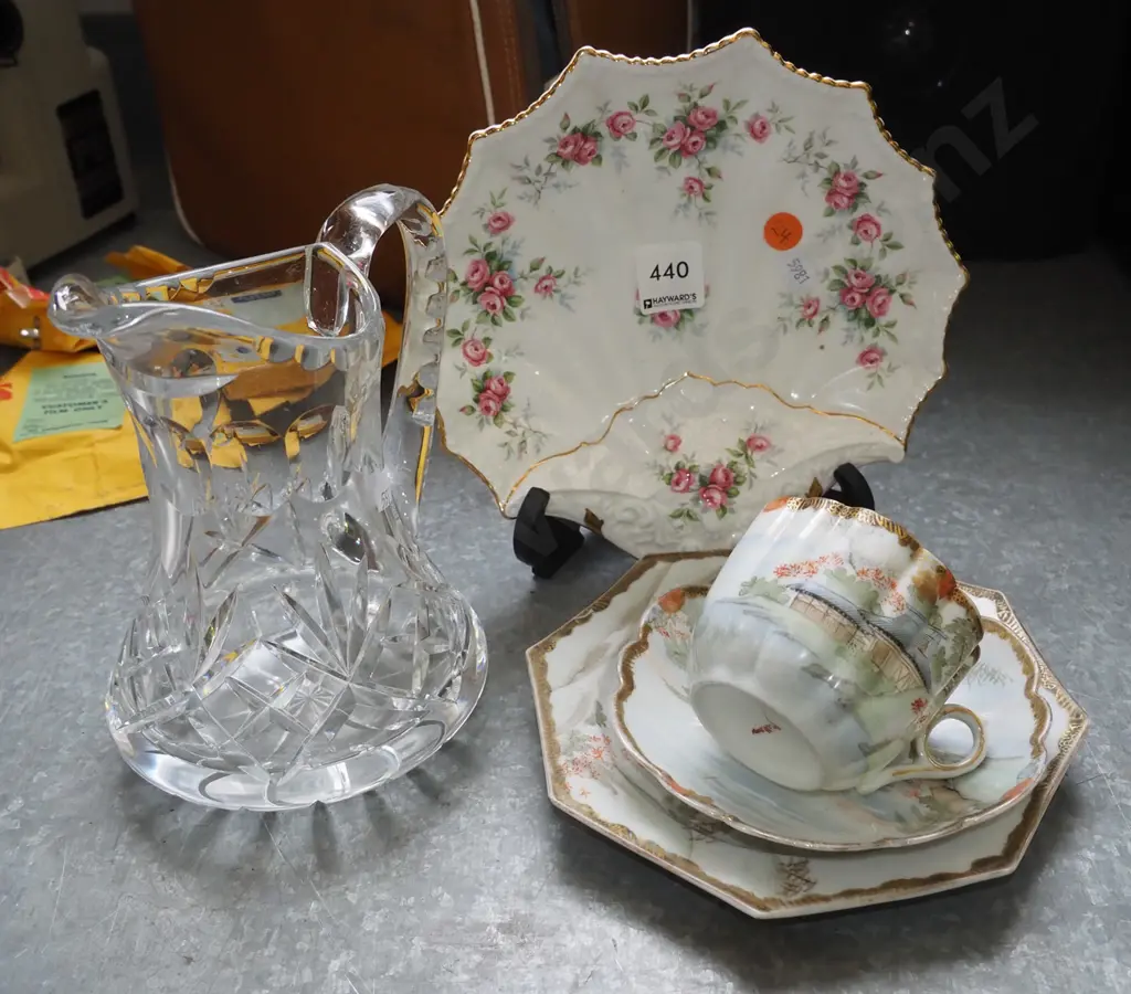 cut crystal water jug, scalloped floral bowl, Asian trio Image 1++