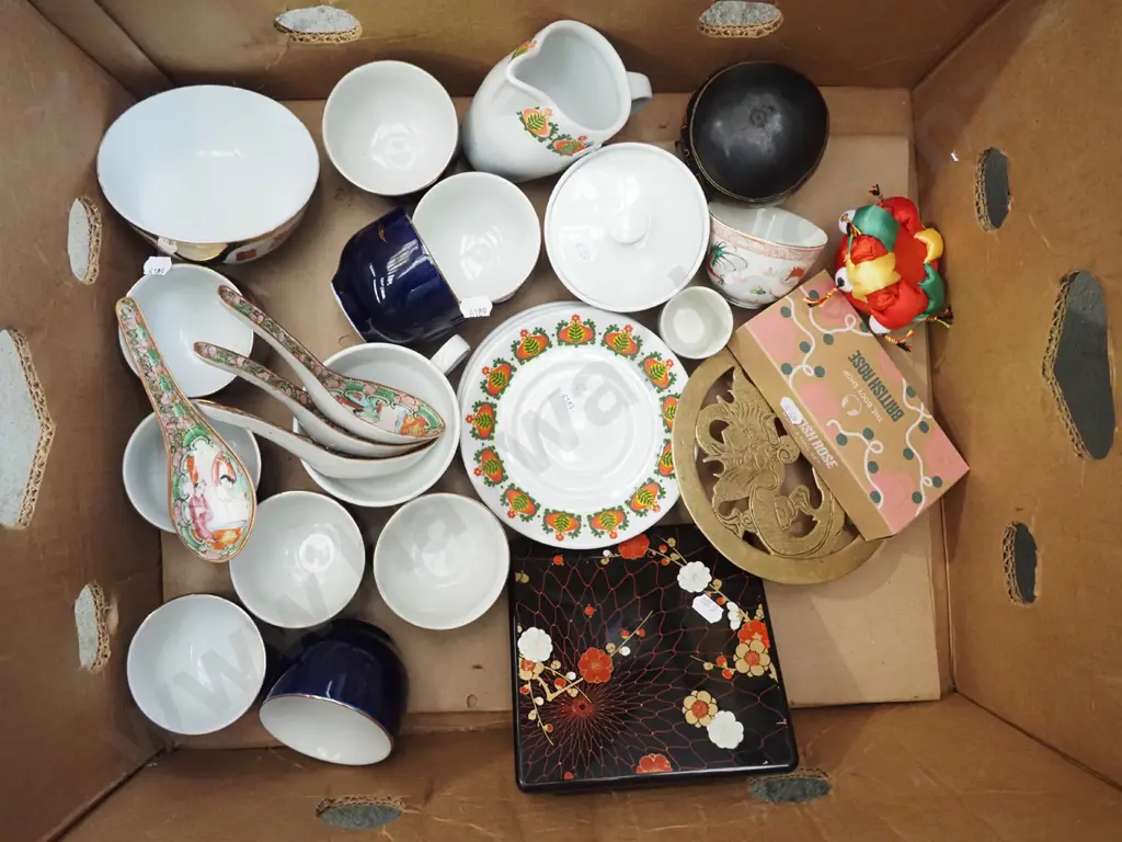 box; saucers, copper pot stand, Asian cups etc Image 1++