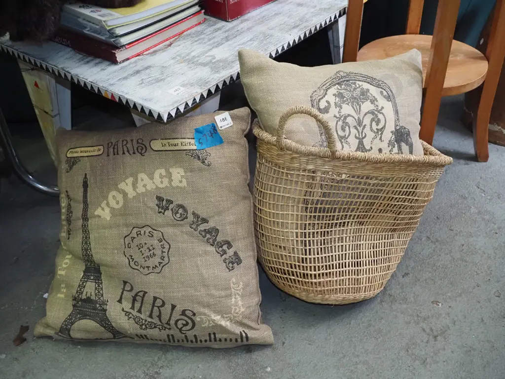 2x French themed cushions, cane basket Image 1++