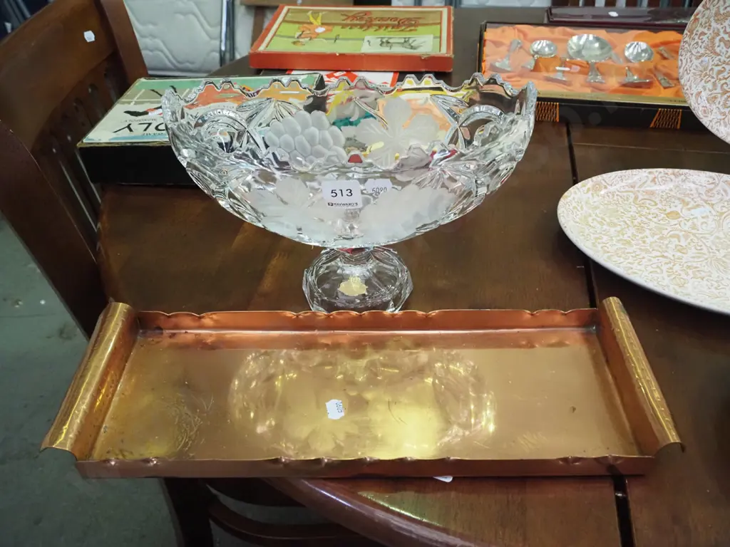 cut crystal footed vase, copper tray Image 1++