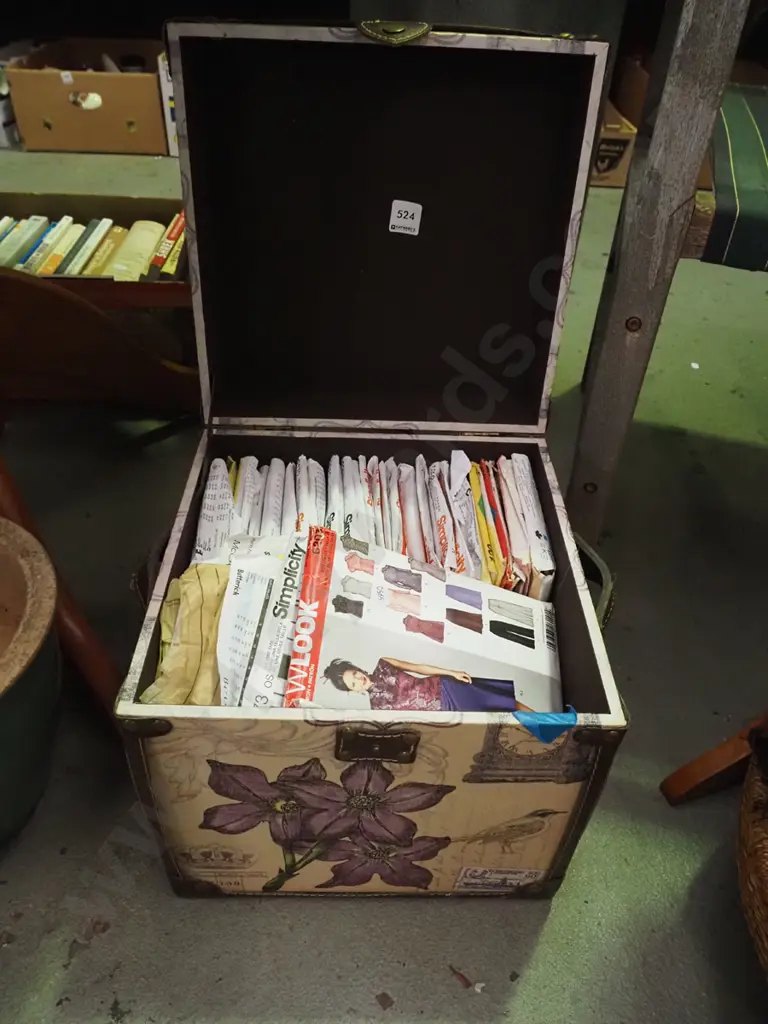 French themed lidded storage chest of sewing patterns Image 1++