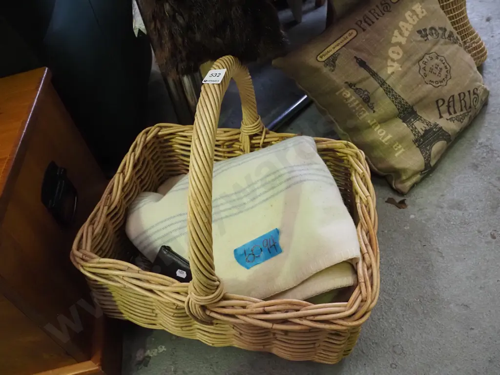 cane basket, woollen blanket, 2x wallets Image 1++