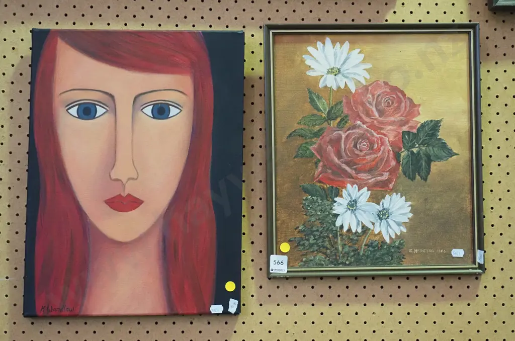 2x acrylics - portrait, flowers, - yellow dots Image 1++