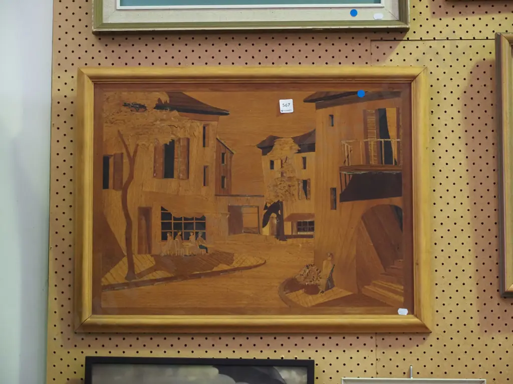 marquetry wood picture, framed watercolour - no glass - blue dots Image 1++