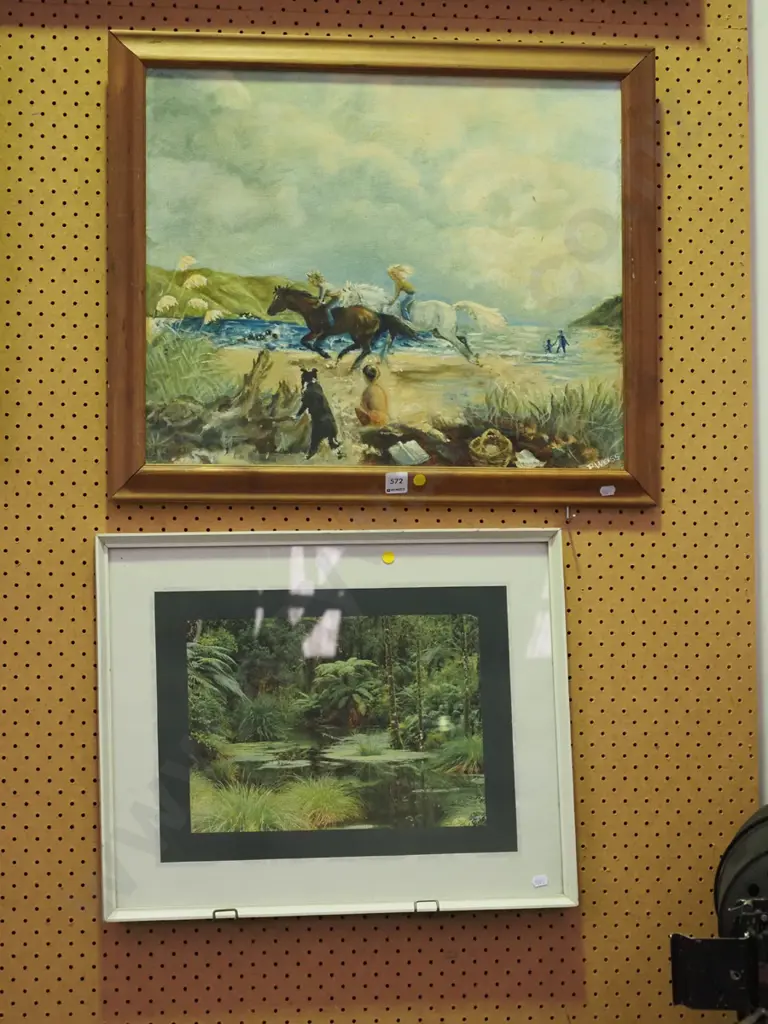 framed oil on board - horses on beach, framed photo- NZ bush scene - yellow dots Image 1++