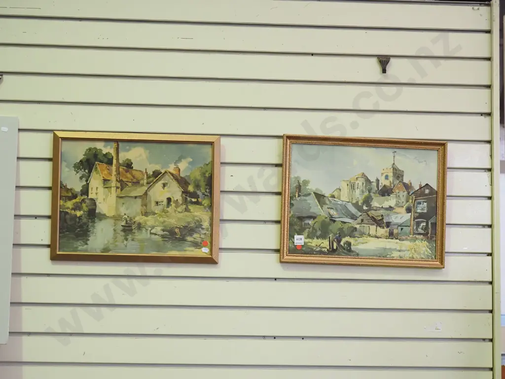 2x framed prints - church and mill house - red dots Image 1++