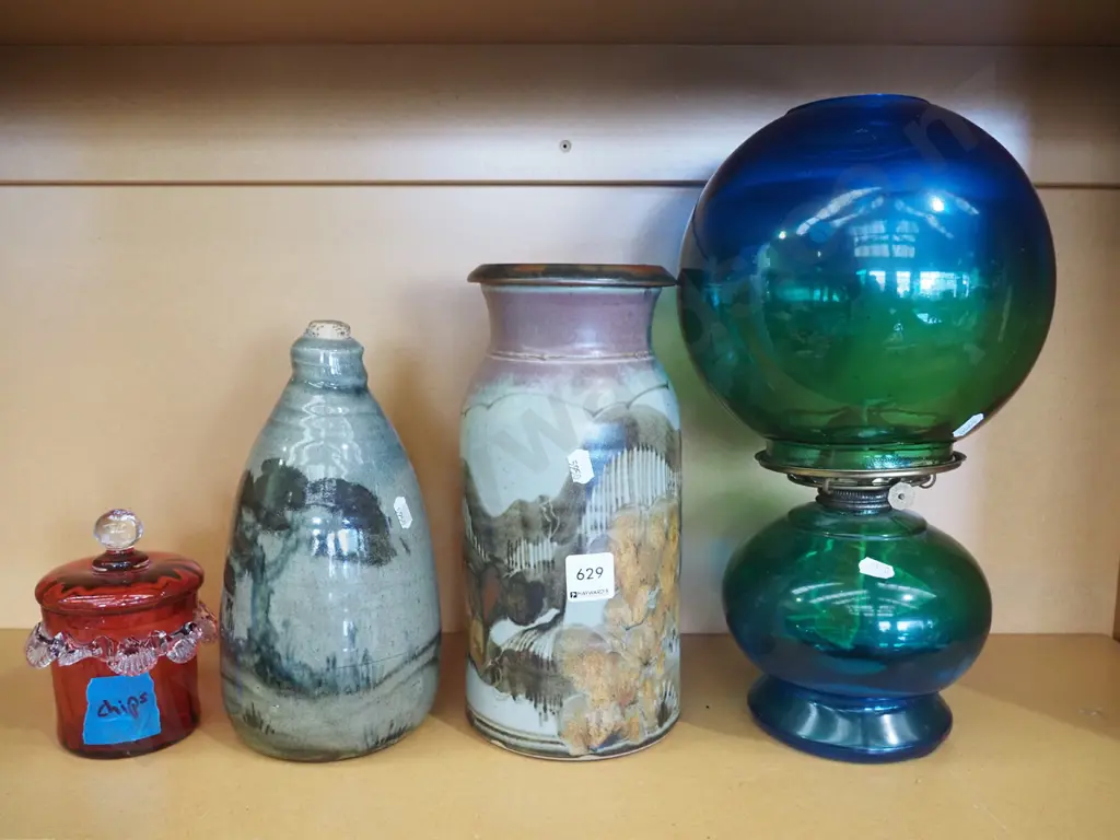 pottery bottle, vase, ruby glass canister - chipped, green glass kerosene lantern Image 1++