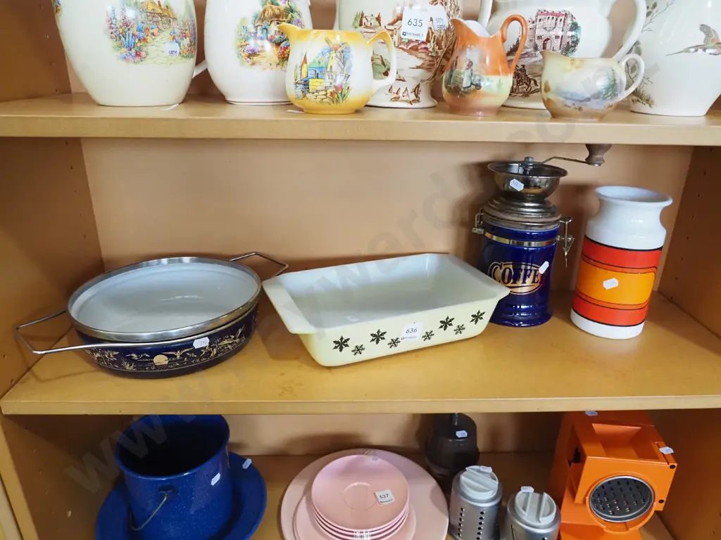 enamel pan, pyrex dish, coffe mill, storage canister Image 1++