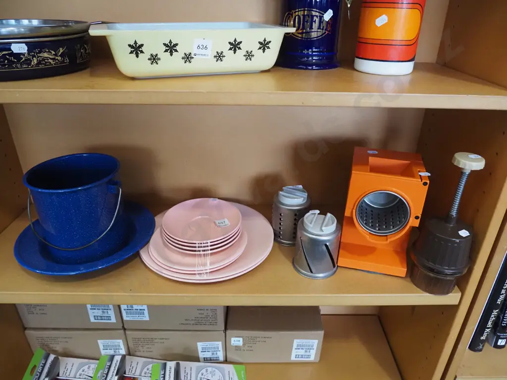 enamel bowl, pail, Duraware plates, bench top slicer Image 1++