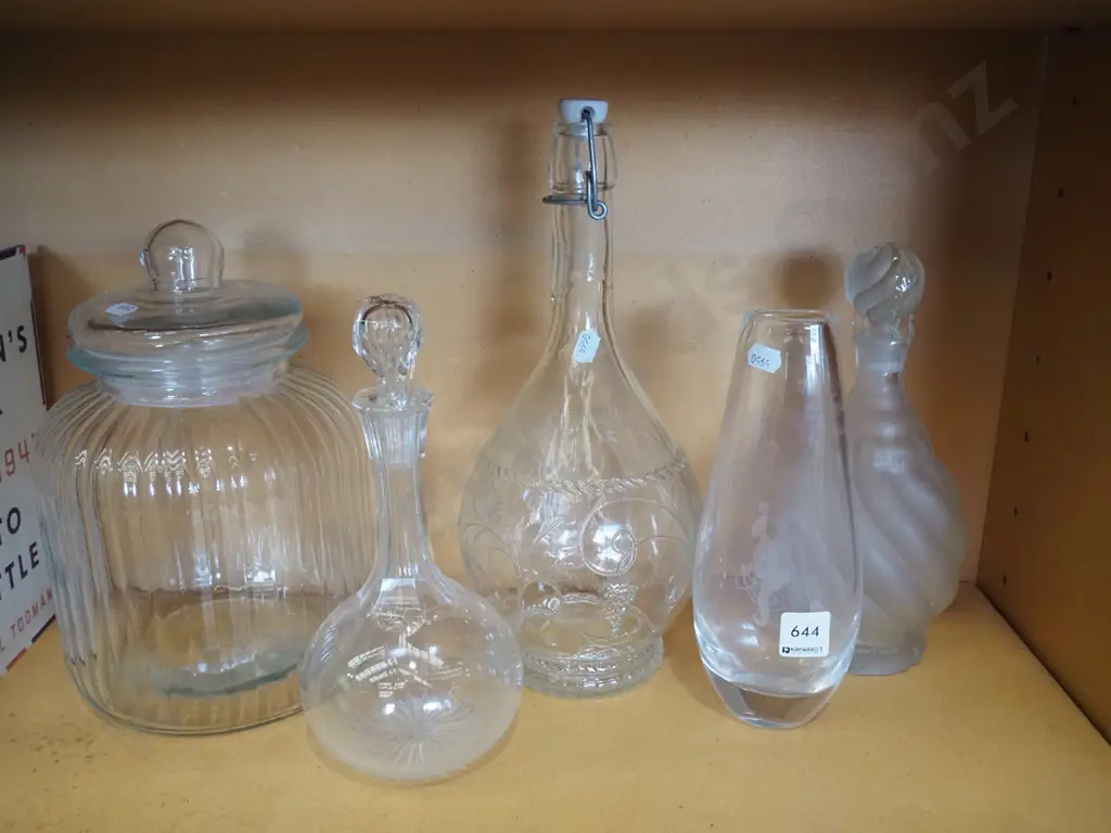 large glass storage canister, stopperd bottles, etched vase Image 1++