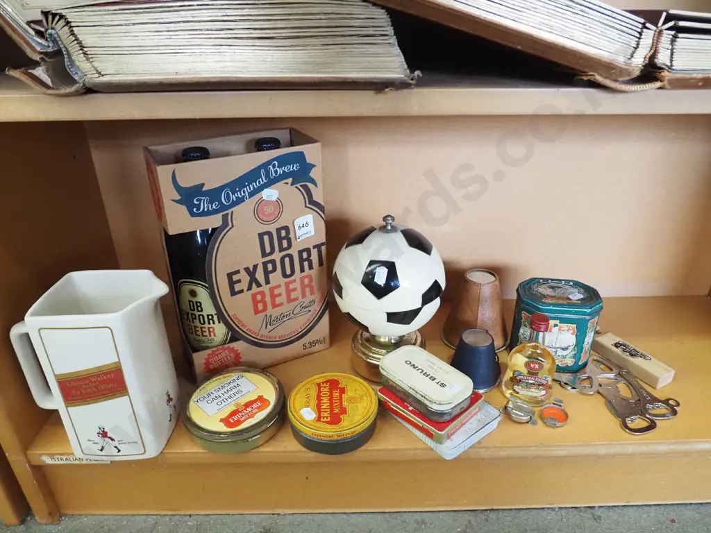 shelf; tobacco tins, bottle openers, whisky jug etc Image 1++