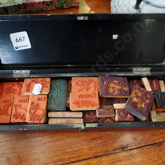 box of rubber stamps