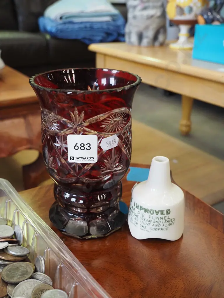 cut ruby glass vase, pie funnel Image 1++