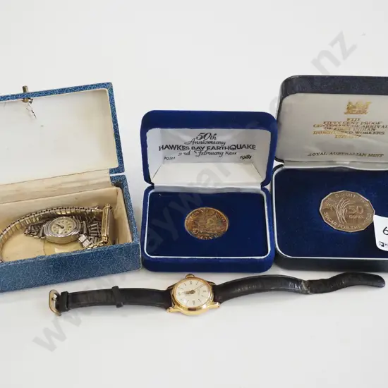 cased commerative coins, 3x wristwatches