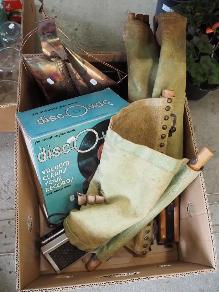 box; record cleaner, metal galleon ornament, collapsable canvas seat Image 1++