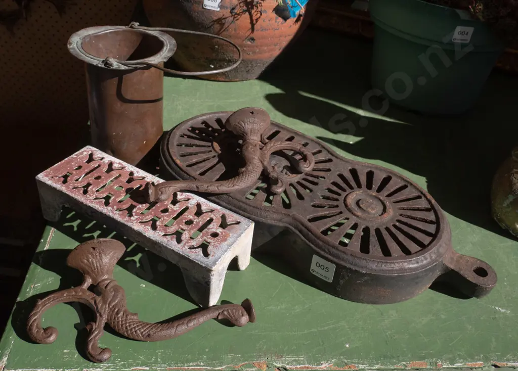 cast iron coat hooks, part coal range, copper basket etc Image 1++
