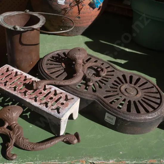cast iron coat hooks, part coal range, copper basket etc