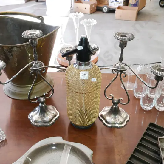 2x plated candelabra, soda syphon