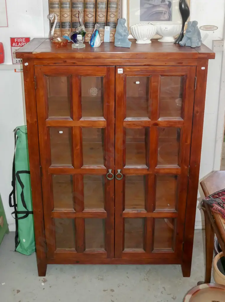 pine 2 glazed door display cabinet - some nicks and damage H-1450 W-1000 D-430 Image 1++