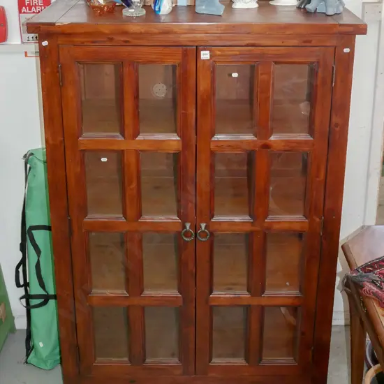 pine 2 glazed door display cabinet - some nicks and damage H-1450 W-1000 D-430